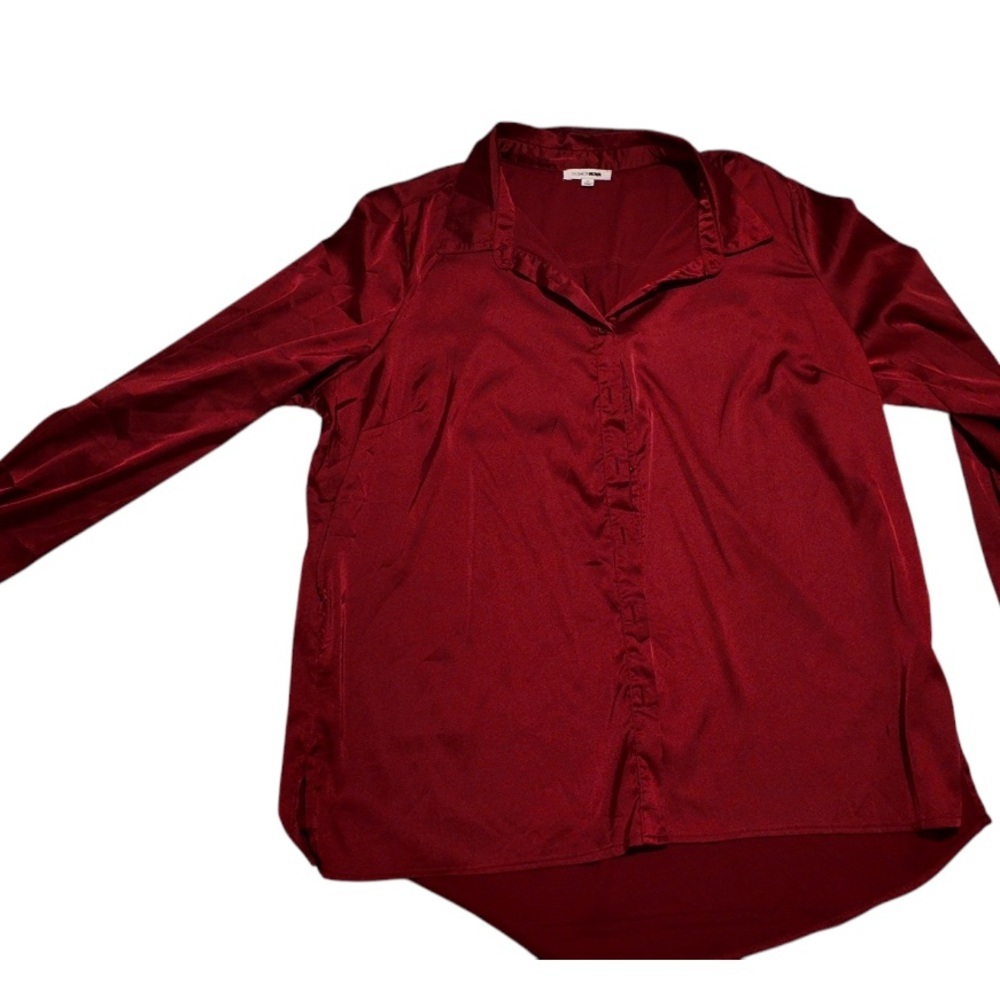 Plus Size Women’s Red Silk Button-Down Shirt - Long Sleeve, Size 1X